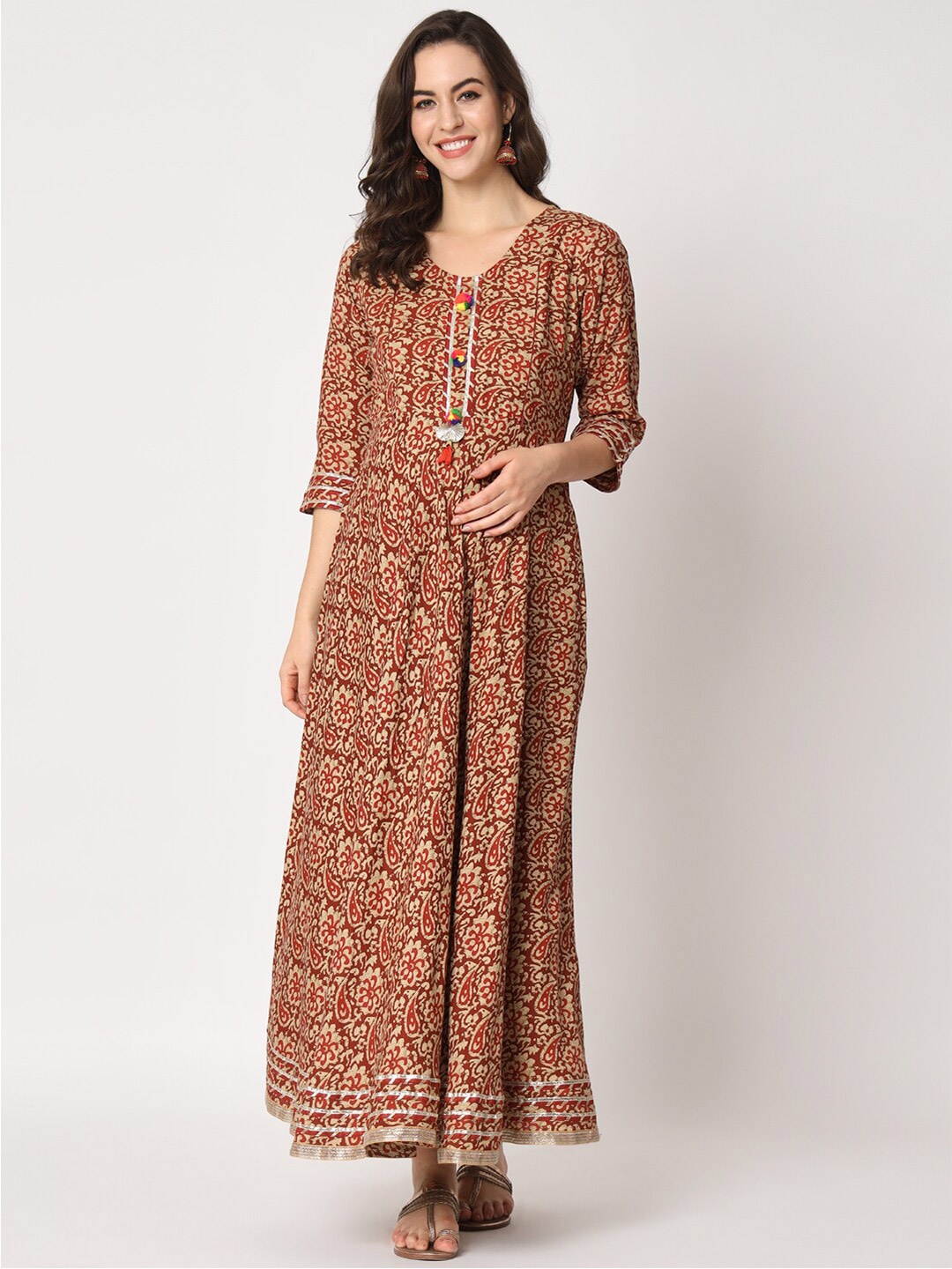 

Aujjessa Maroon Ethnic Motifs Printed Liva Maternity Maxi Dress