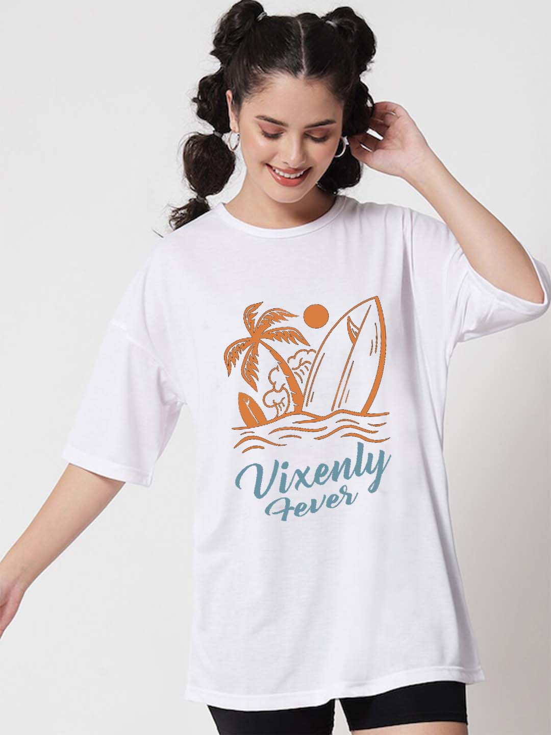 

VIXENLY Graphic Printed Round Neck Oversized Fit Pure Cotton Casual T-shirt, White