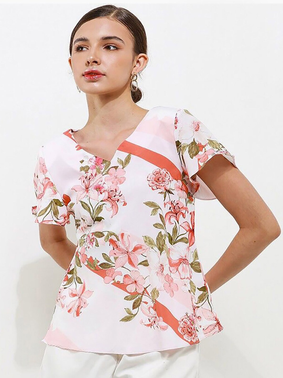 

Chanira La Parezza Floral Printed Flutter Sleeve V-neck A-line Top, Pink