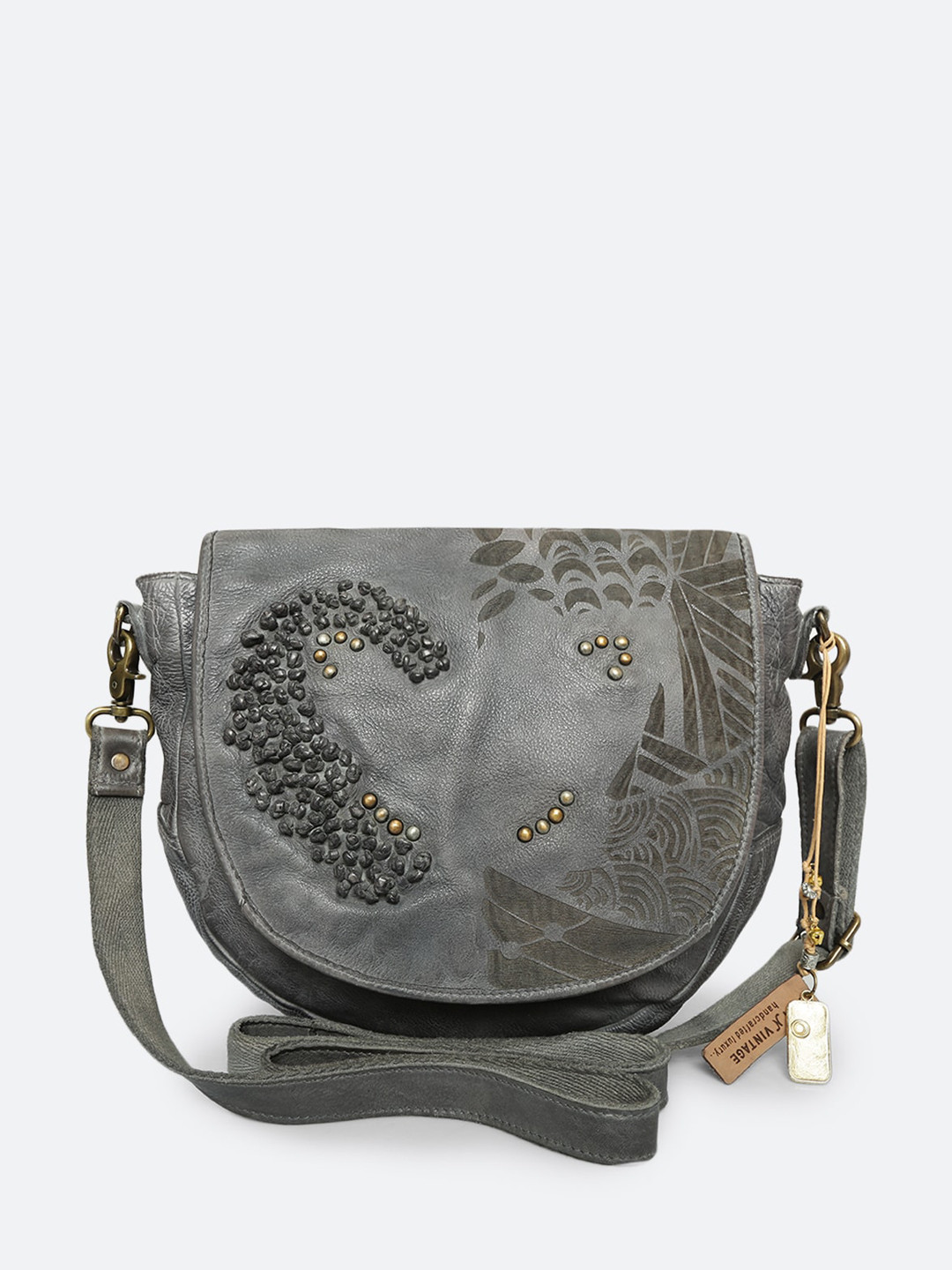 

ART N VINTAGE Leather Structured Sling Bag With Cut Work, Grey