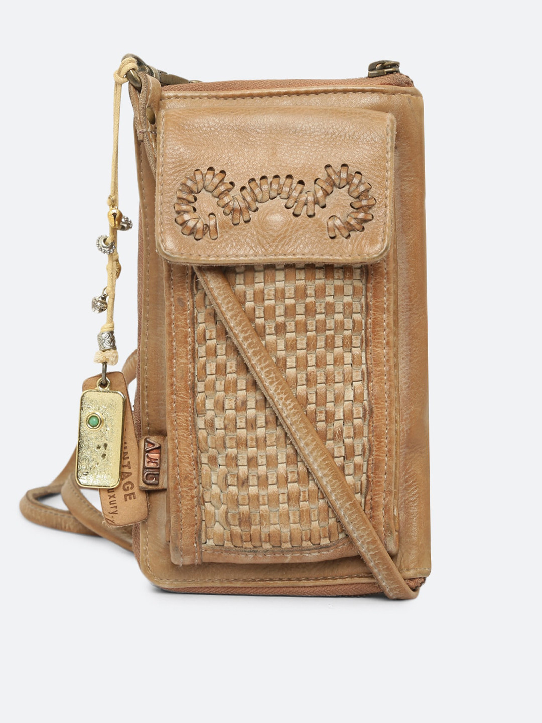 

ART N VINTAGE Textured Leather Mobile Pouch, Brown