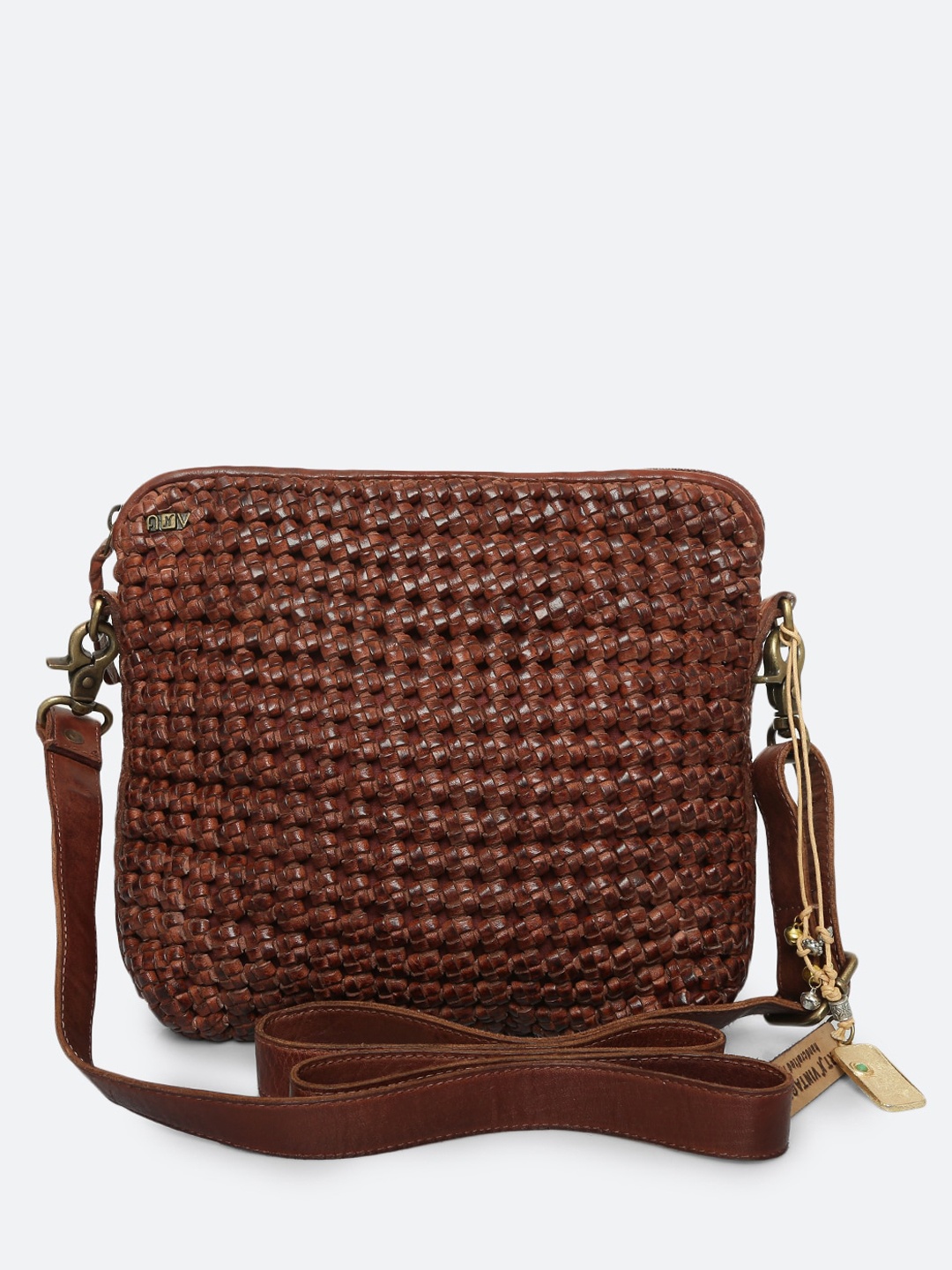 

ART N VINTAGE Leather Structured Sling Bag, Tan