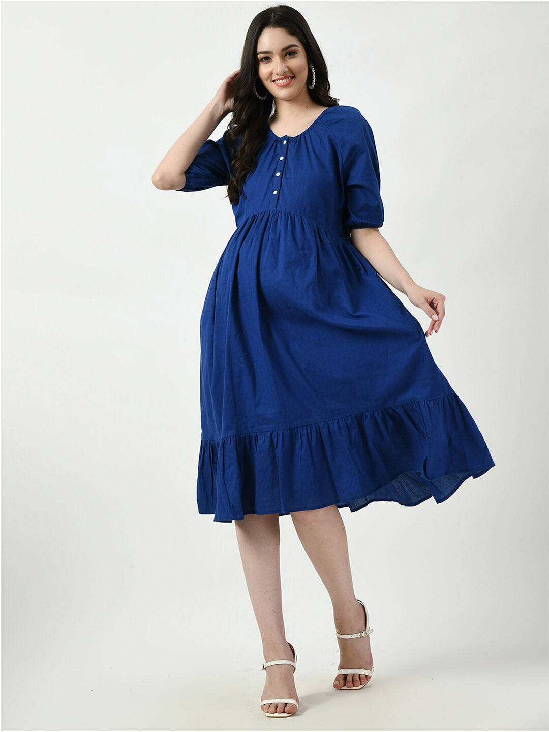

Aaruvi Ruchi Verma Puff Sleeve Fit & Flare Cotton Maternity Midi Dress, Blue