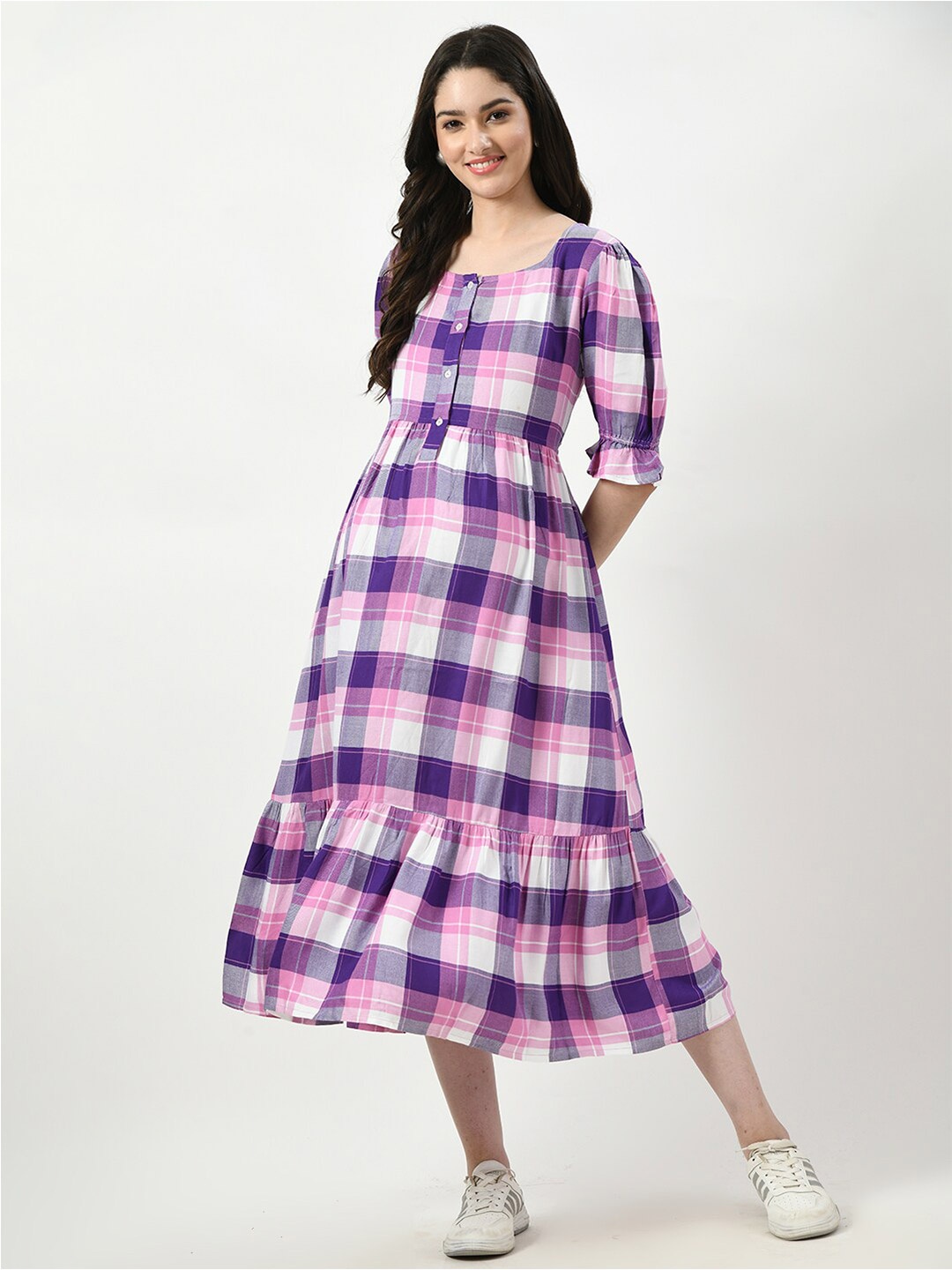 

Aaruvi Ruchi Verma Checked Cuffed Sleeve Gathered Tiered Maternity Fit & Flare Midi Dress, Purple