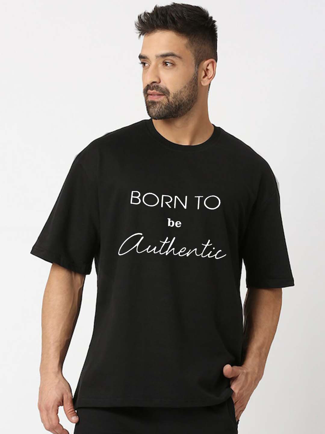 

VIXENLY Typography Printed Oversized Fit Pure Cotton Casual T-shirt, Black