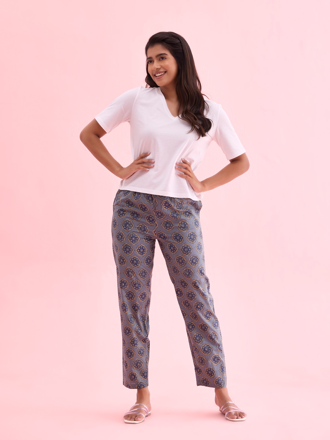 

Go Colors Women Printed Relaxed-Fit Lightweight Cotton Lounge Pants, Blue