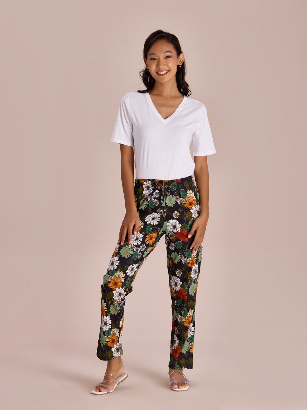 

Go Colors Women Floral-Printed Relaxed-Fit Lightweight Cotton Lounge Pants, Black