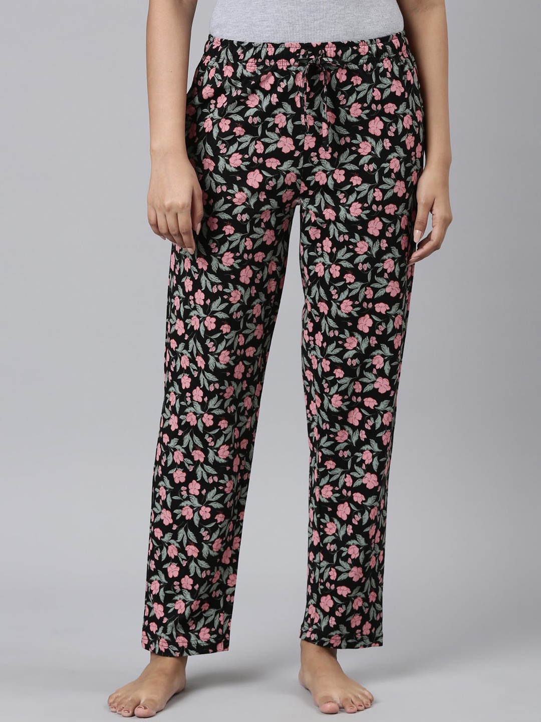 

Go Colors Women Floral-Printed Relaxed-Fit Lightweight Cotton Lounge Pants, Black