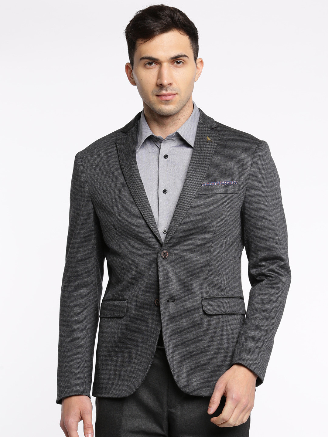 

Arrow Charcoal Grey Checked Single-Breasted Zero Calorie Fit Formal Blazer