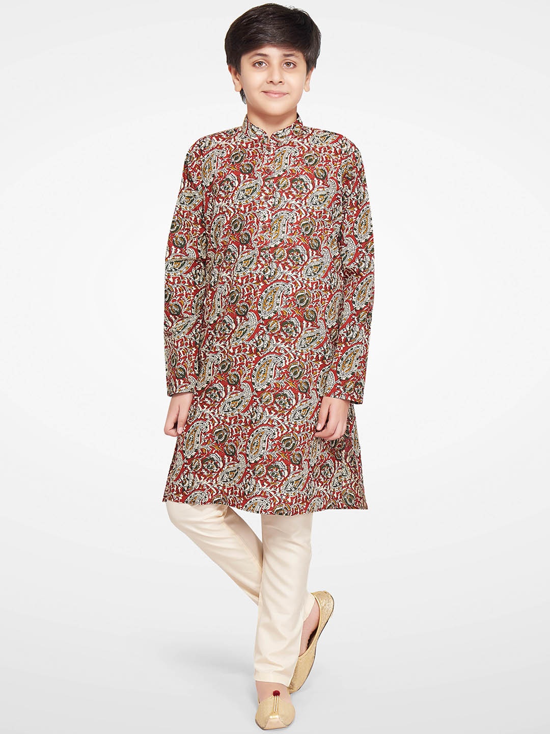 

BAESD Boys Ethnic Motifs Printed Mandarin Collar Straight Kurta With Pyjamas, Maroon