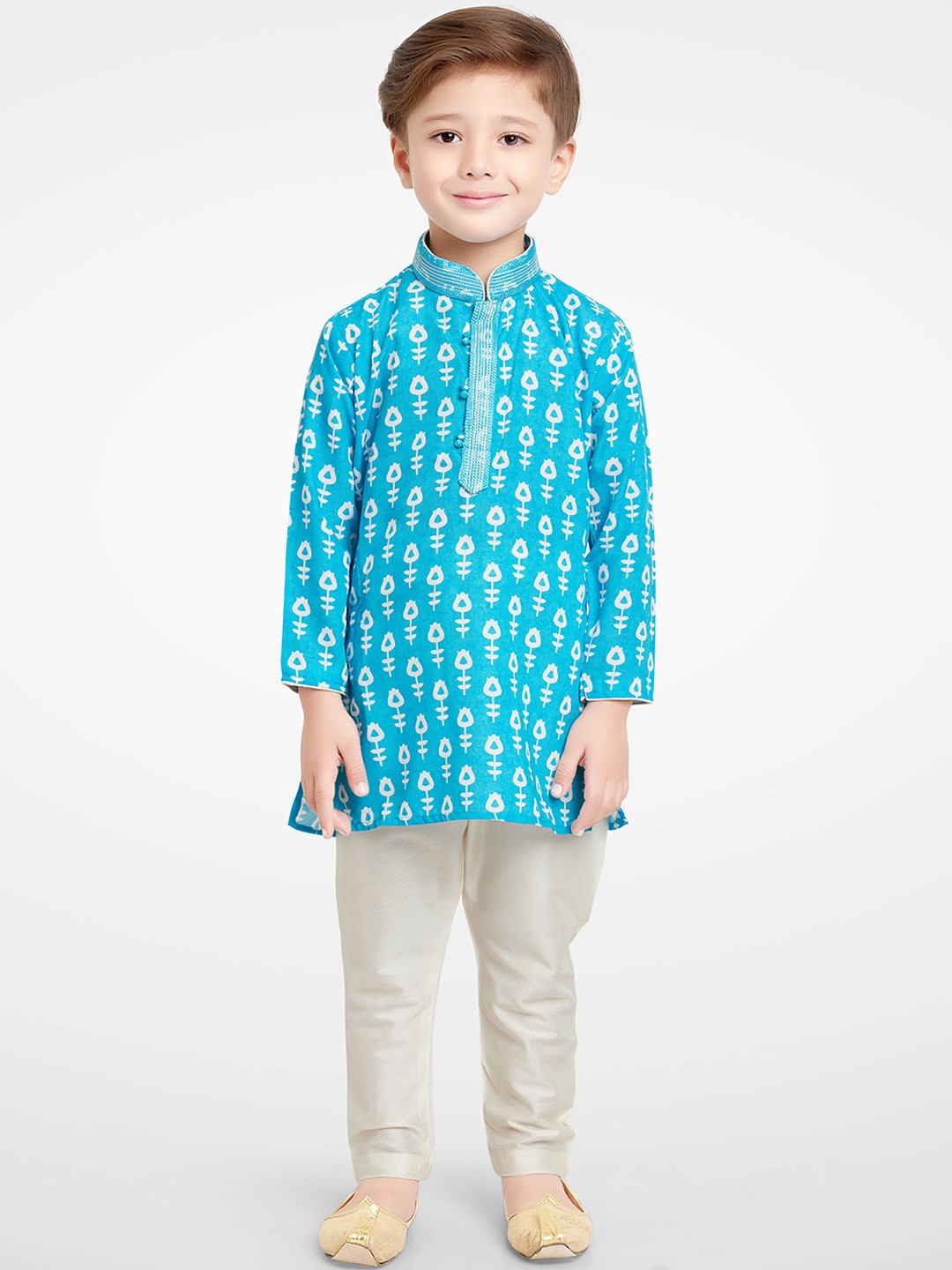

BAESD Boys Floral Printed Mandarin Collar Regular Kurta with Pyjamas, Blue