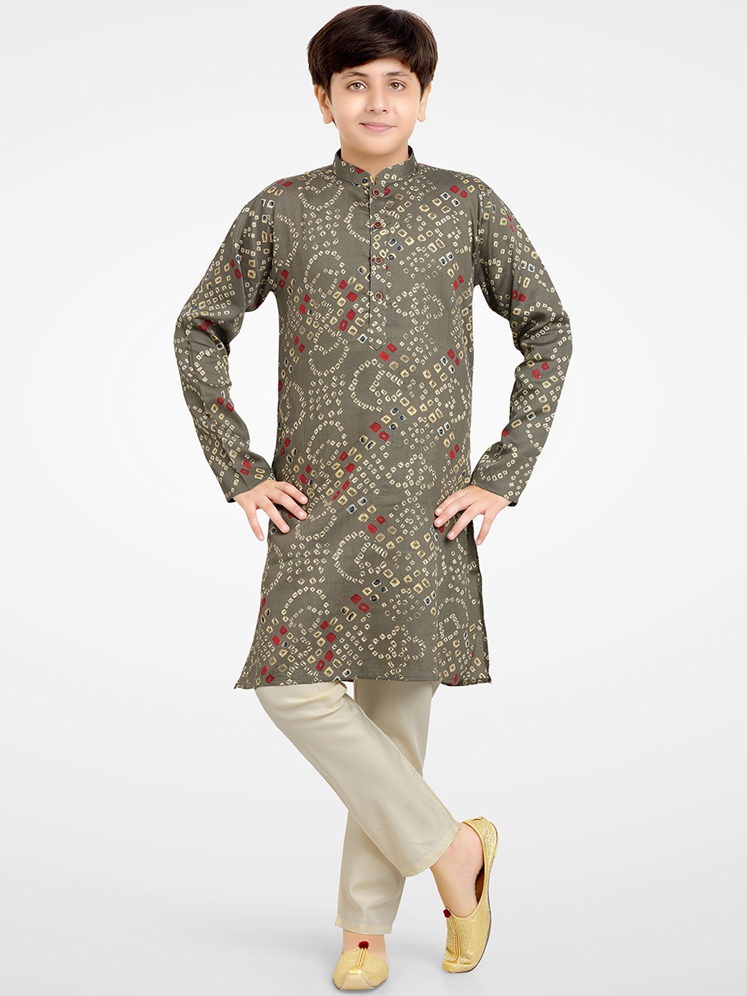 

BAESD Boys Bandhani Printed Kurta With Pyjamas, Grey