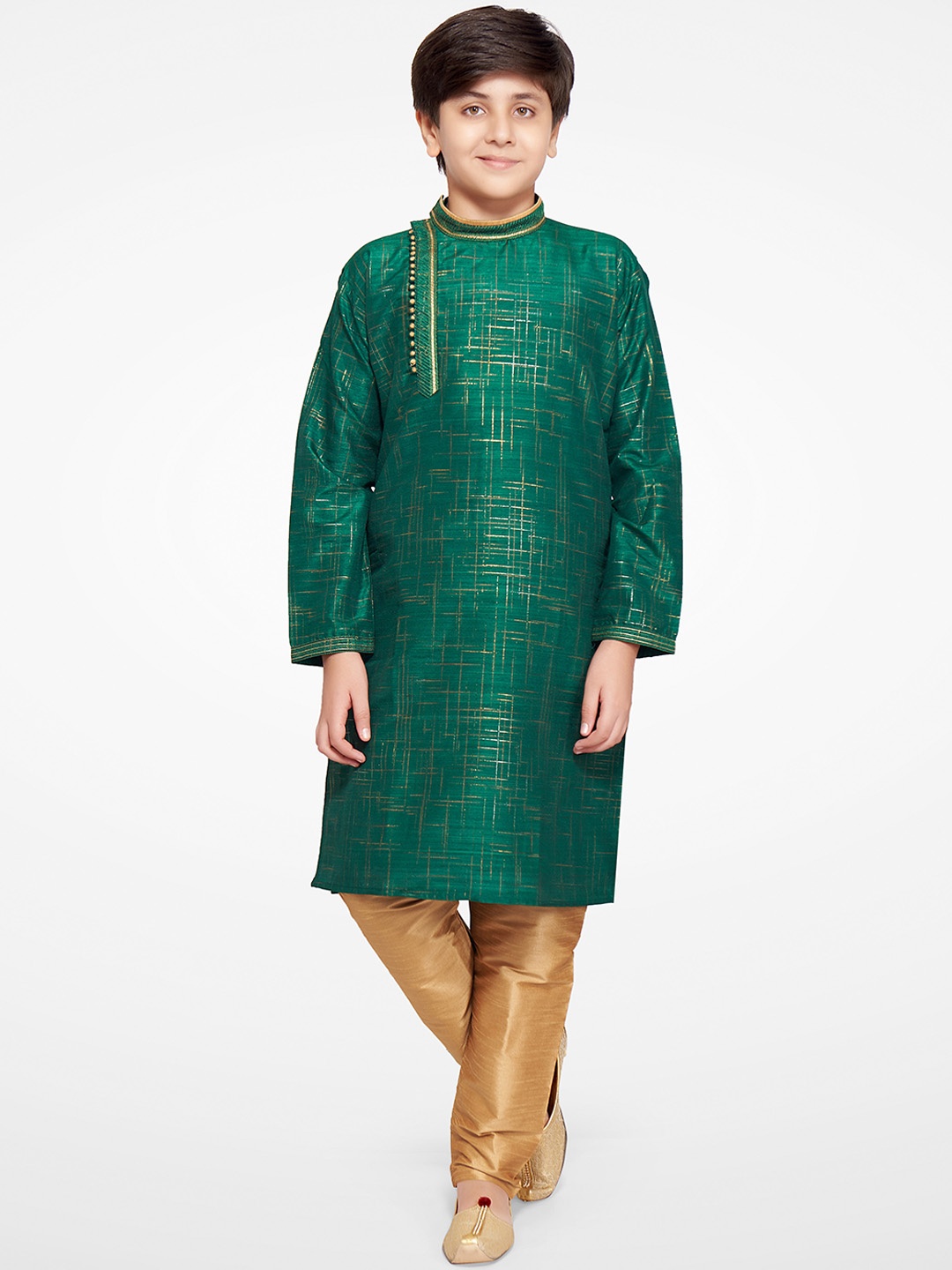 

BAESD Boys Checked Printed Long Sleeve Regular Cotton Blend Kurta Set, Green