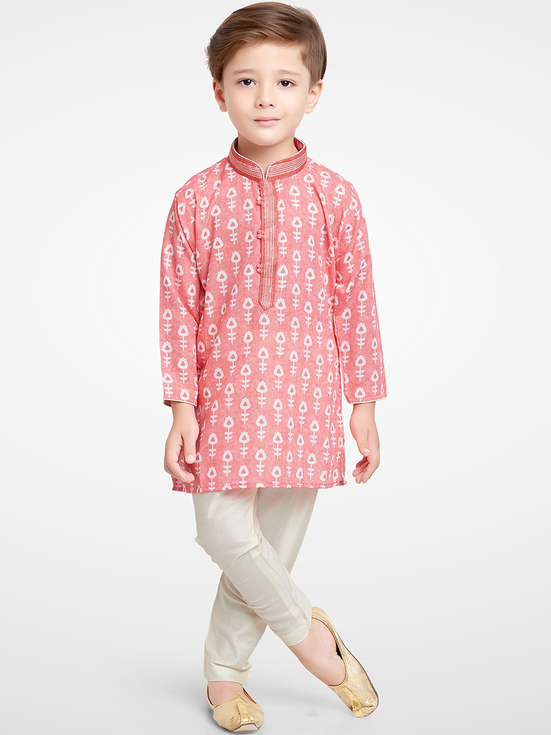 

BAESD Boys Ethnic Motifs Printed Mandarin Collar Straight Kurta with Pyjamas, Pink