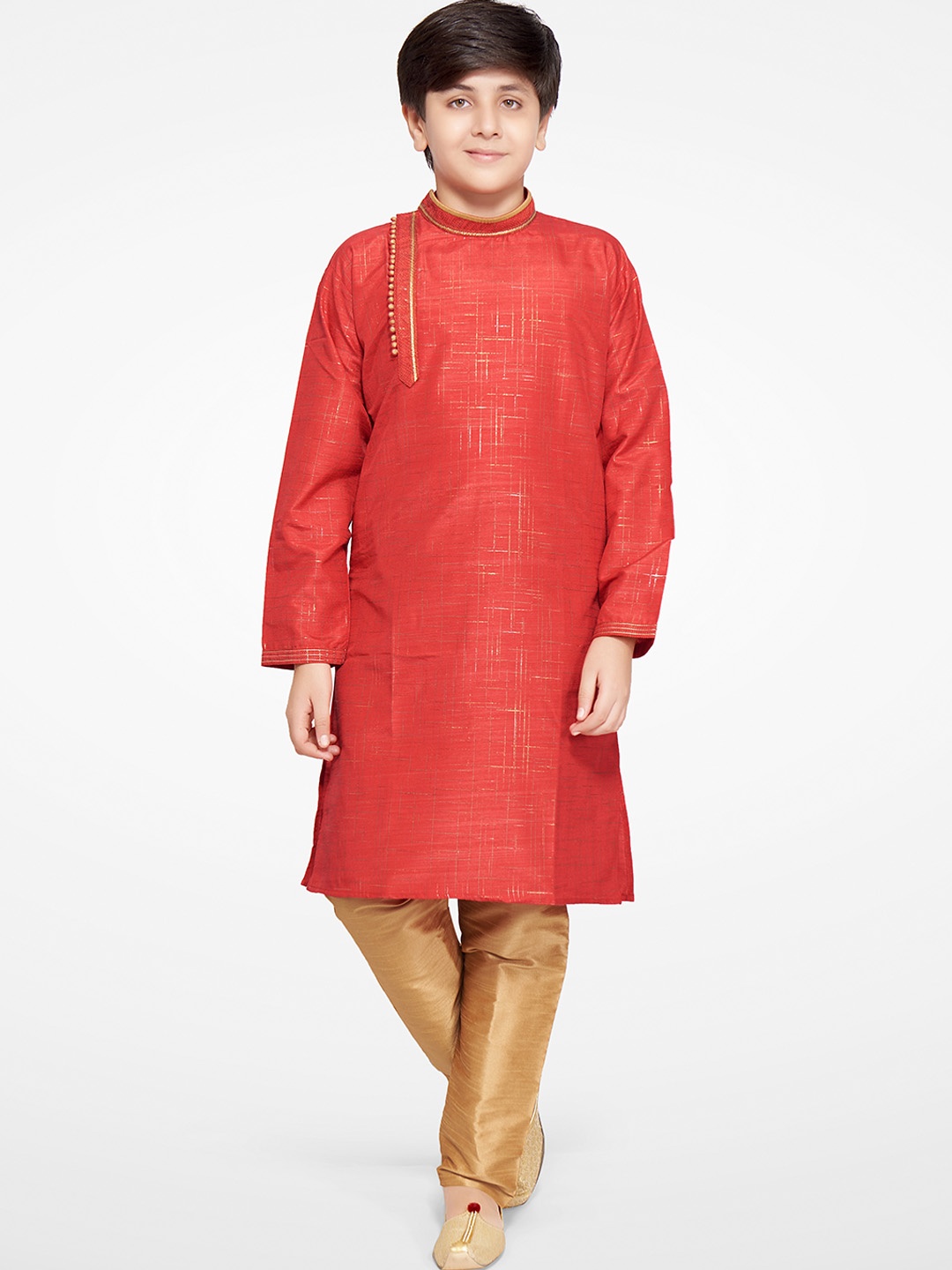 

BAESD Boys Geometric Woven Design Band Collar Straight Kurta with Pyjamas, Red