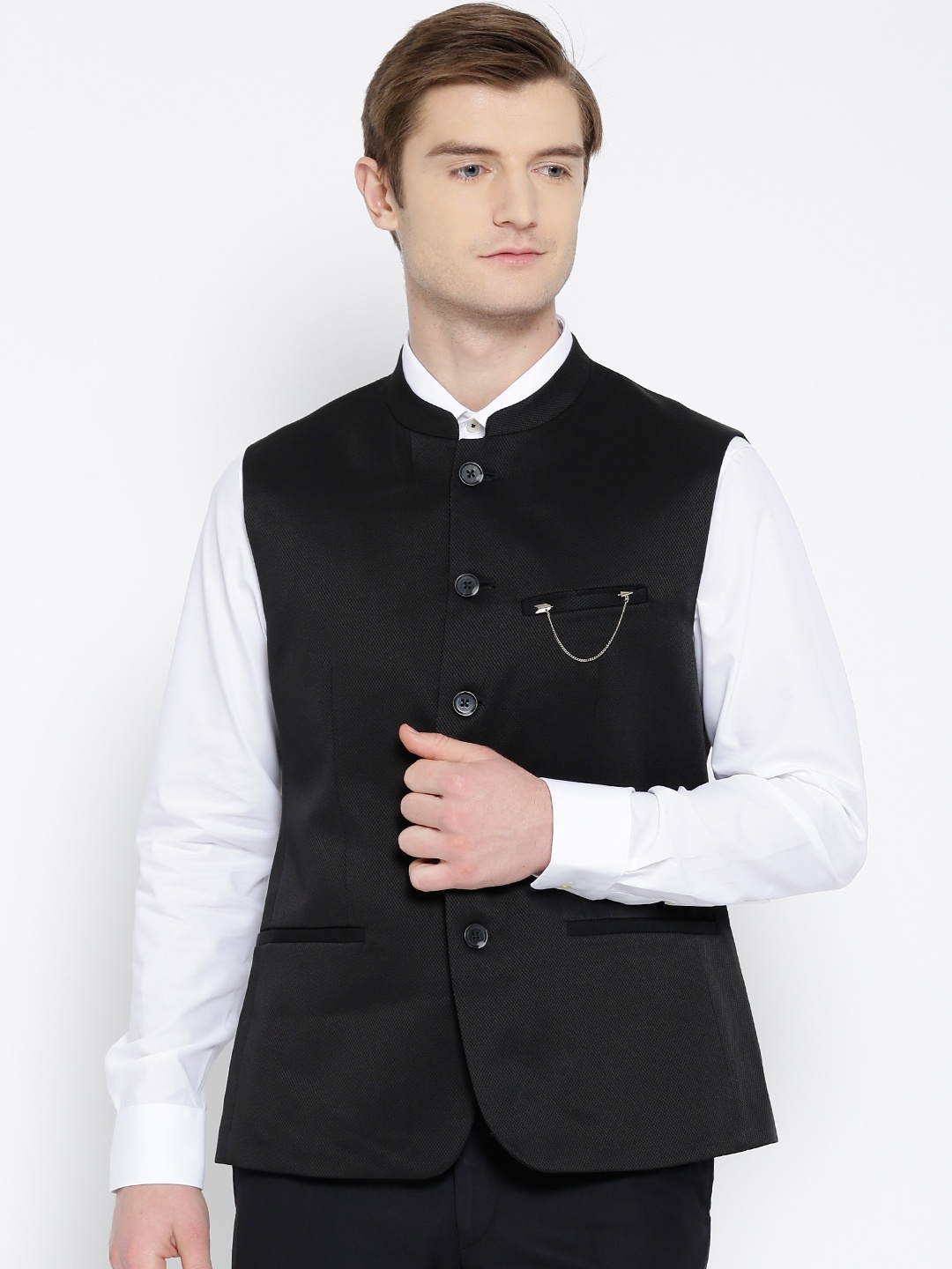 

Arrow Black Self-Design Body Tailored Fit Nehru Jacket