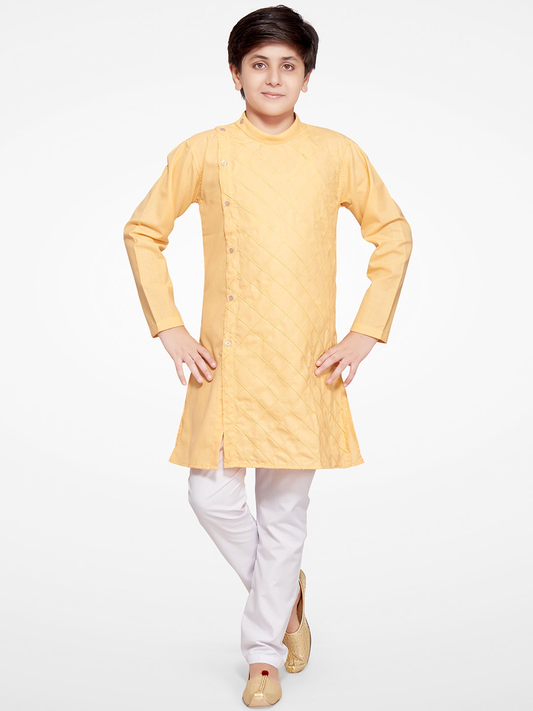 

BAESD Boys Checked Band Collar Thread Work Kurta With Pyjamas, Yellow