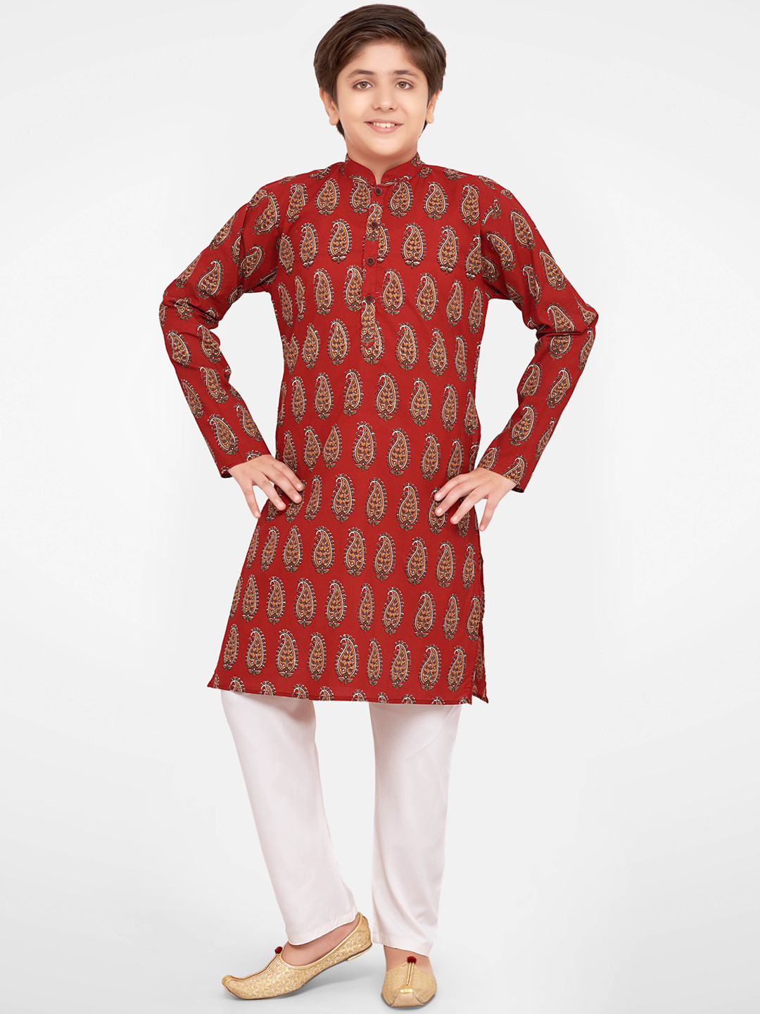 

BAESD Boys Paisley Printed Band Collar Kurta With Pyjamas, Red