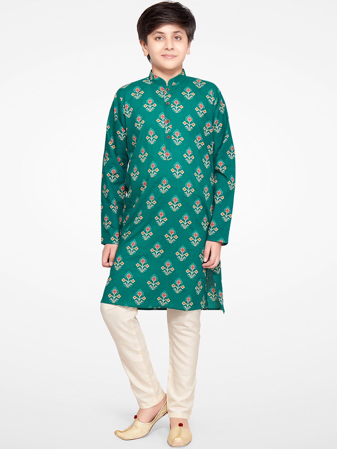 

BAESD Boys Floral Printed Mandarin Collar Kurta With Pyjamas, Turquoise blue
