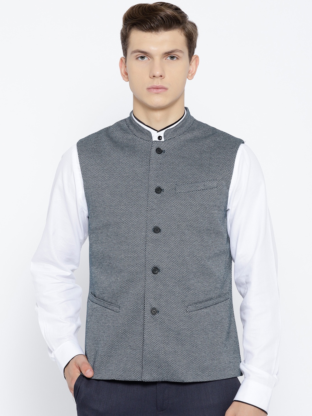 

Arrow Navy & White Woven Design Nehru Jacket, Navy blue