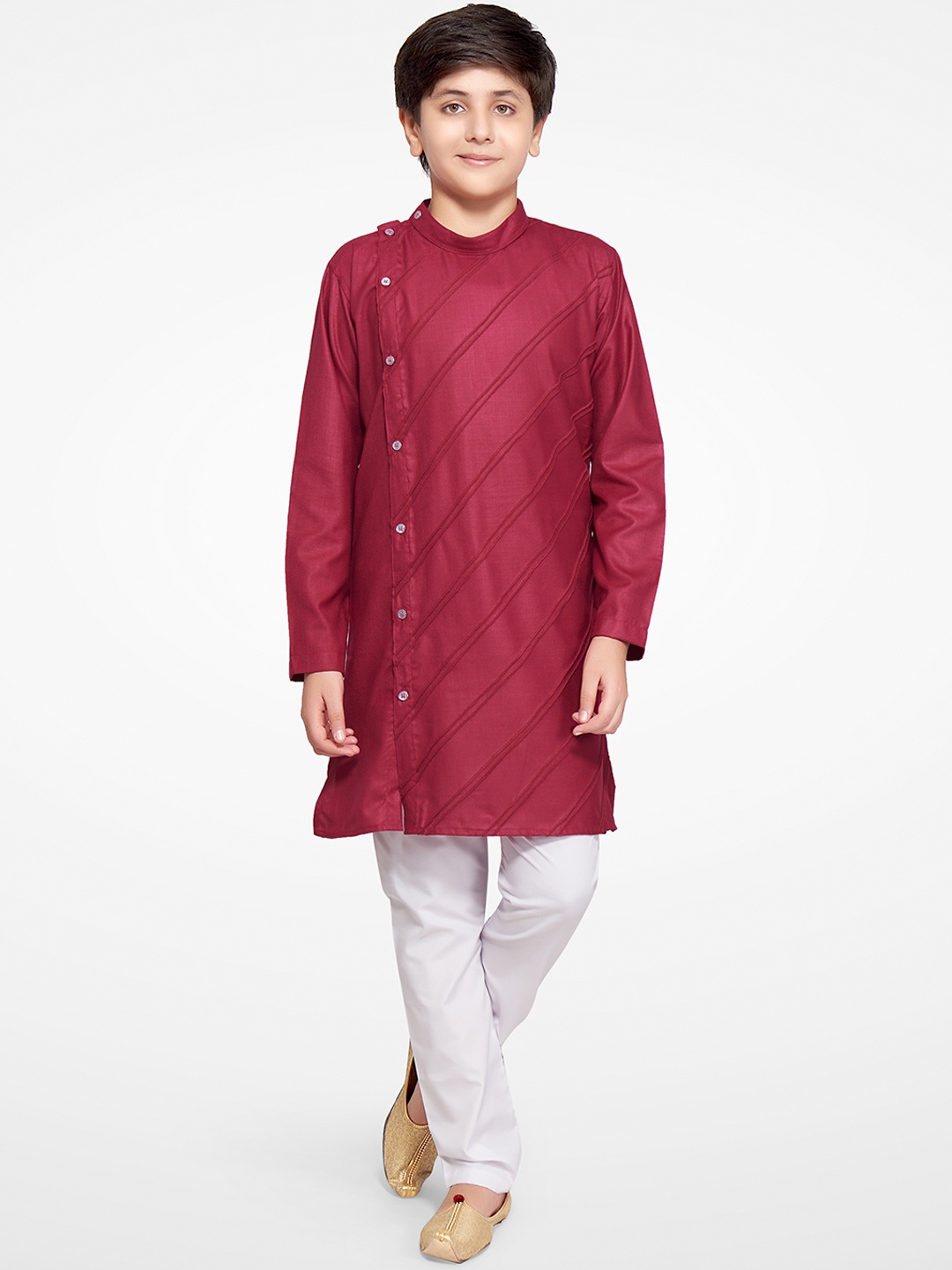 

BAESD Boys Striped Band Collar Regular Kurta With Pyjamas, Burgundy