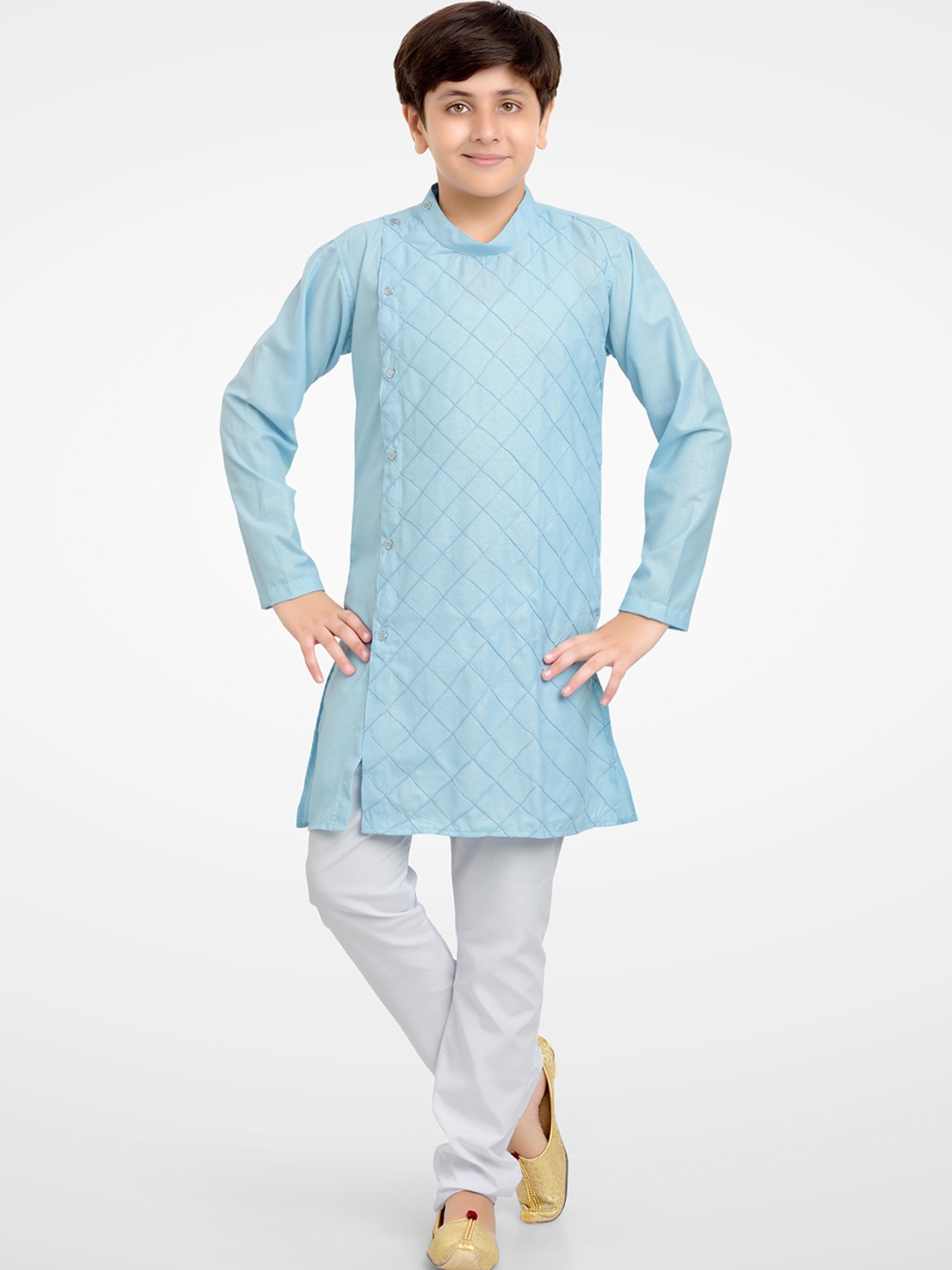 

BAESD Boys Checked Band Collar Thread Work Kurta With Pyjamas, Blue