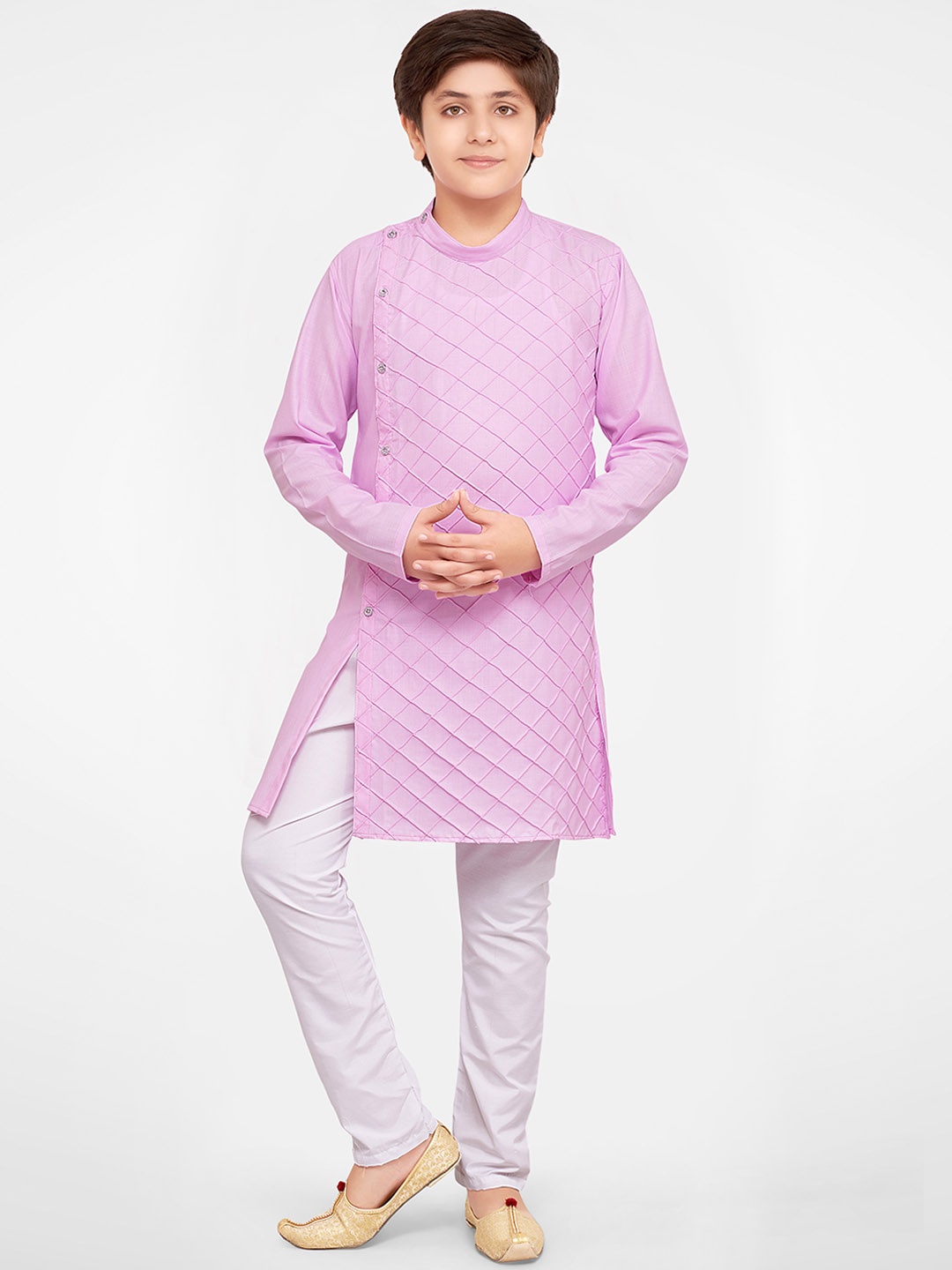 

BAESD Boys Checked Band Collar Regular Kurta With Pyjamas, Lavender