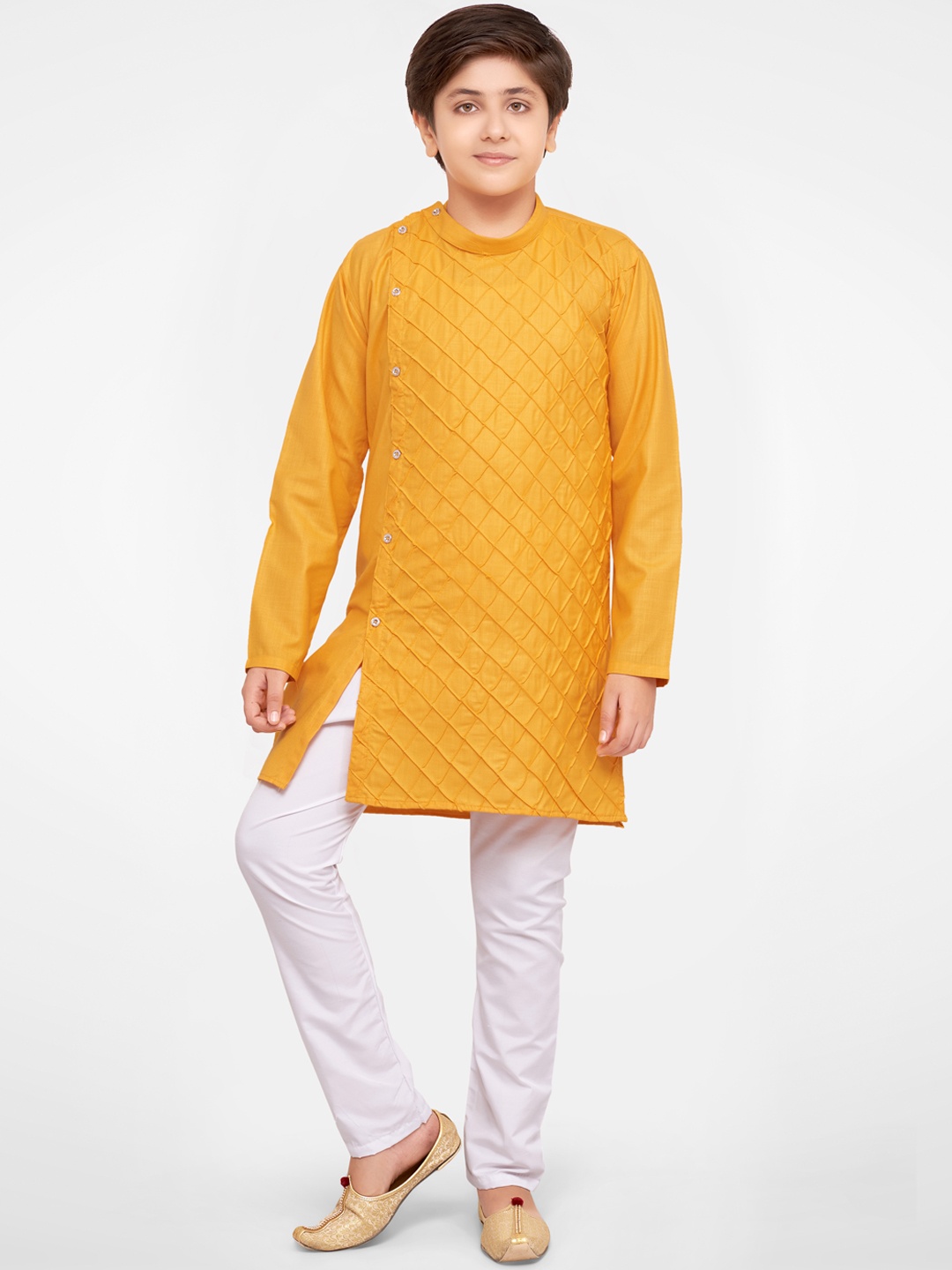 

BAESD Boys Checked Band Collar Angrakha Kurta With Pyjamas, Yellow