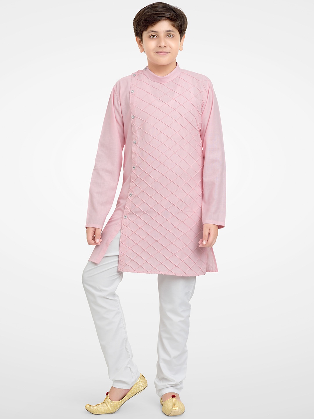 

BAESD Boys Self Design Band Collar Straight Kurta With Pyjamas, Pink