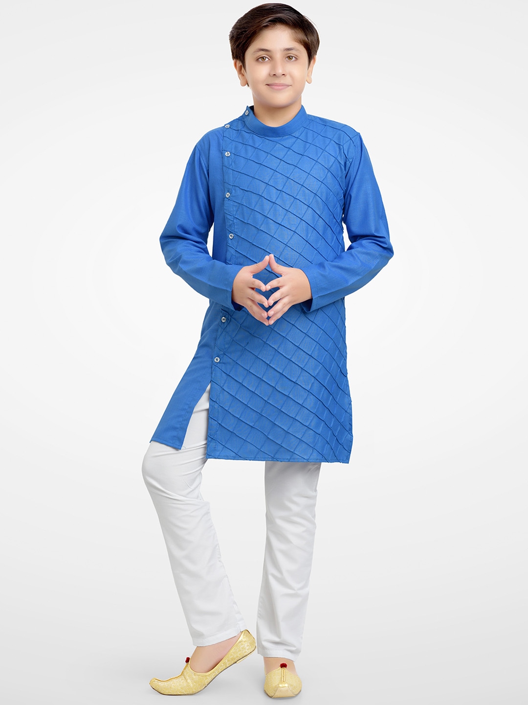 

BAESD Self Design Band Collar Long Sleeve Cotton Blend Kurta Set, Blue