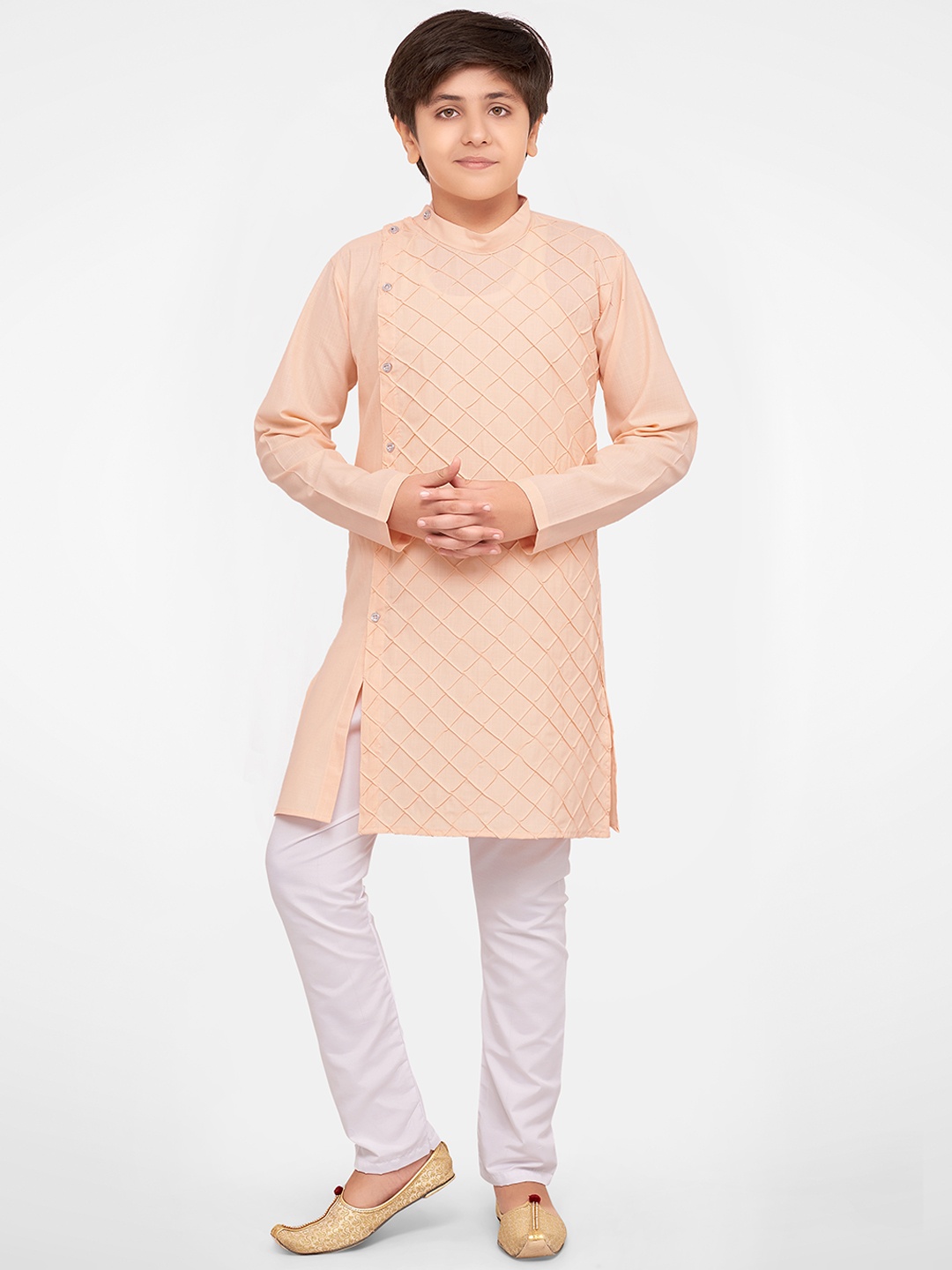 

BAESD Boys Checked Band Collar Angrakha Kurta With Pyjamas, Peach