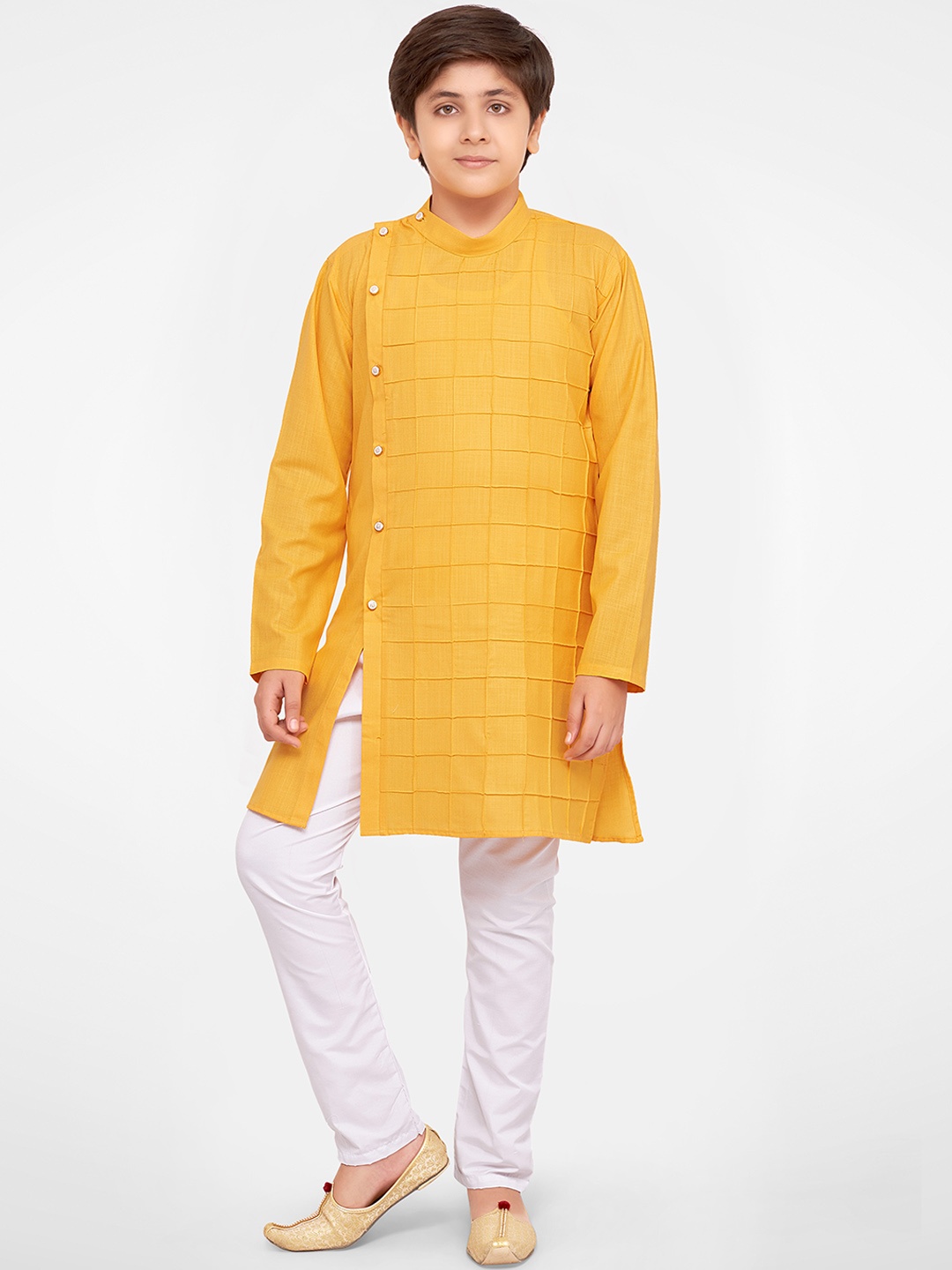 

BAESD Boys Checked Band Collar Regular Kurta With Pyjamas, Yellow