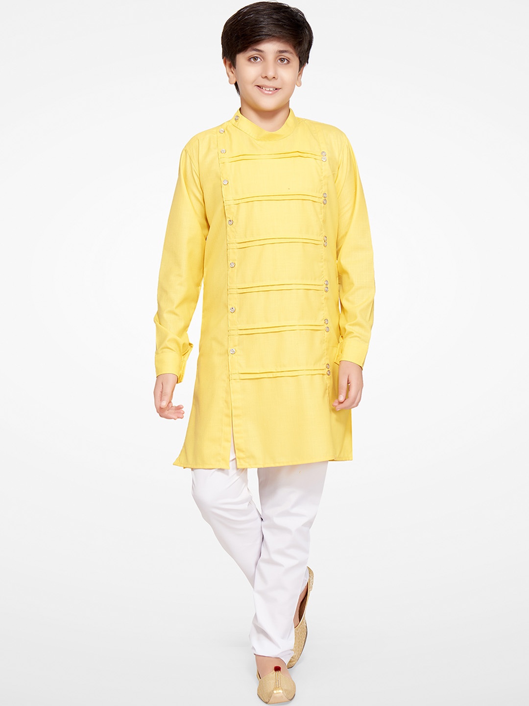 

BAESD Boys Pleated Band Collar Angrakha Kurta With Pyjamas, Yellow