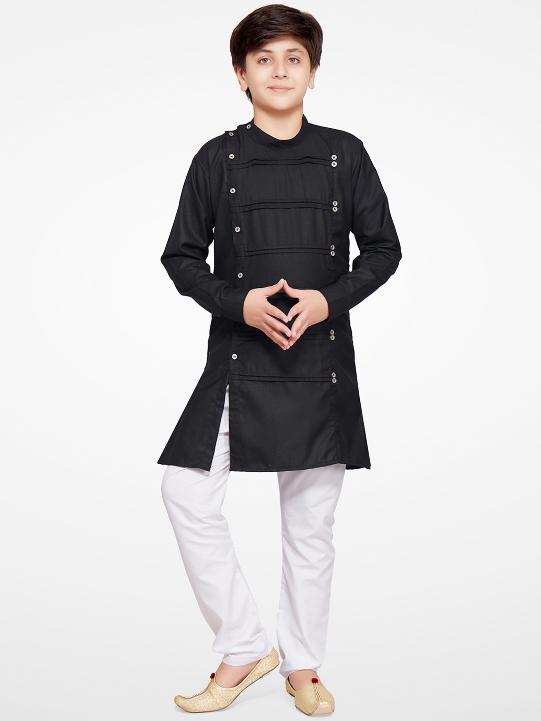 

BAESD Self Design Band Collar Long Sleeve Cotton Blend Kurta Set, Black