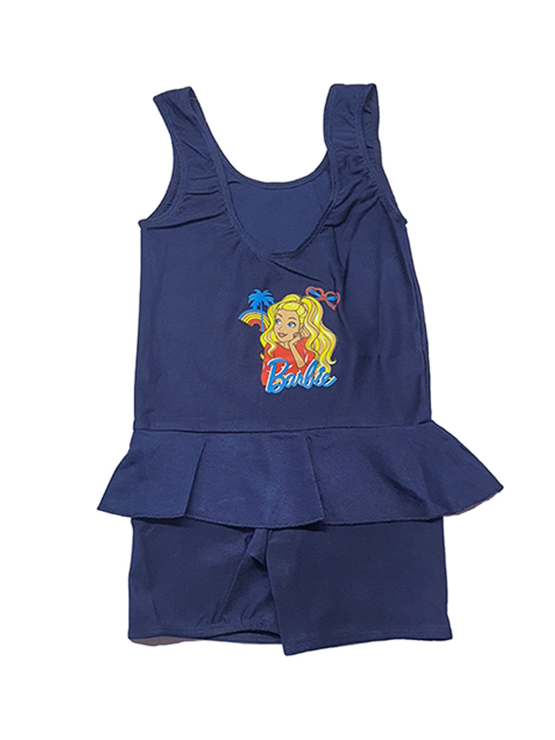 

Apraa & Parma Girls Barbie Printed Round Neck Swimming Dress With Attached Shorts, Navy blue