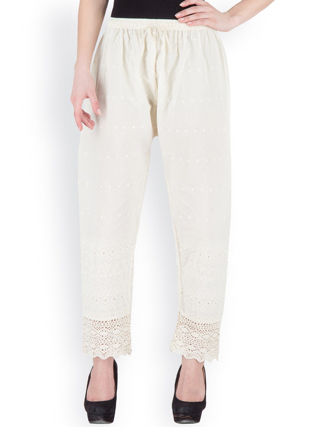 

Castle Lifestyle Women Floral Embroidered Hem Design Knitted Palazzos, Off white