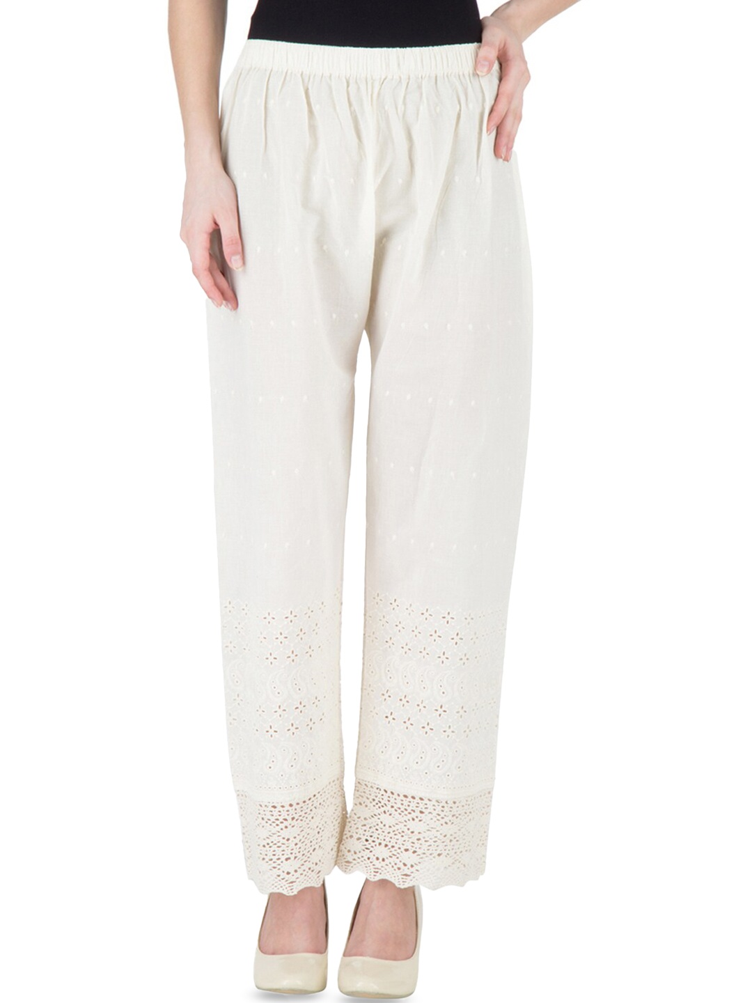 

Castle Lifestyle Women Floral Embroidered Hem Design Knitted Palazzos, Off white
