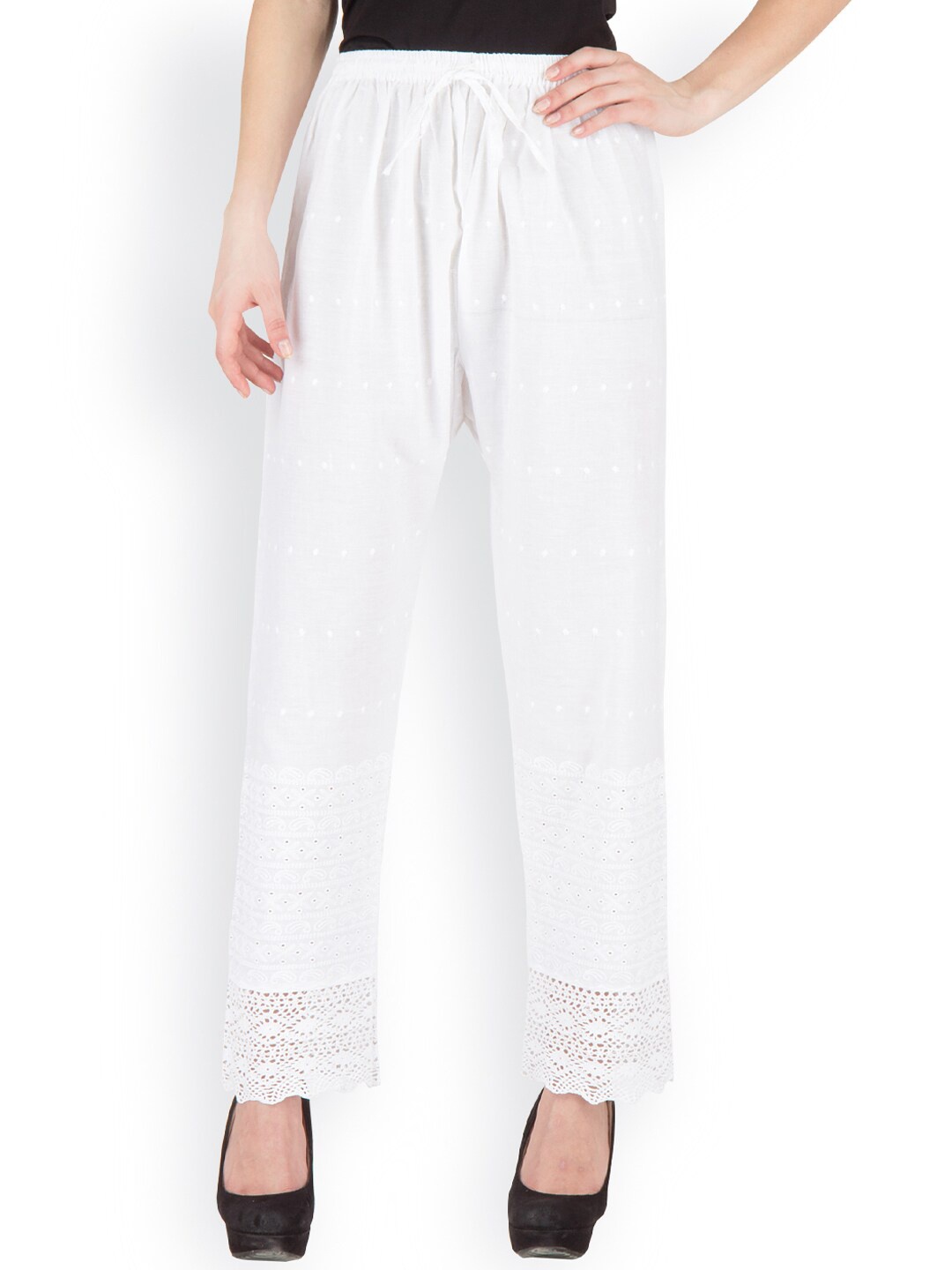 

Castle Lifestyle Women Embroidered With Lace Hem Design Knitted Palazzos, White