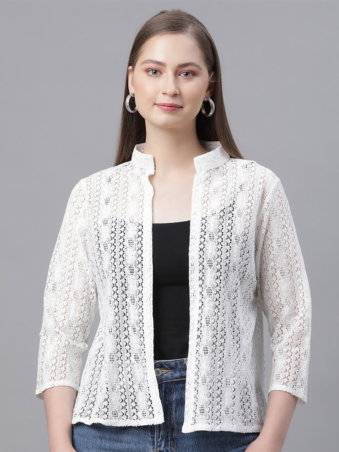 

UnaOne Self Design Open Front Pure Cotton Shrug, Off white