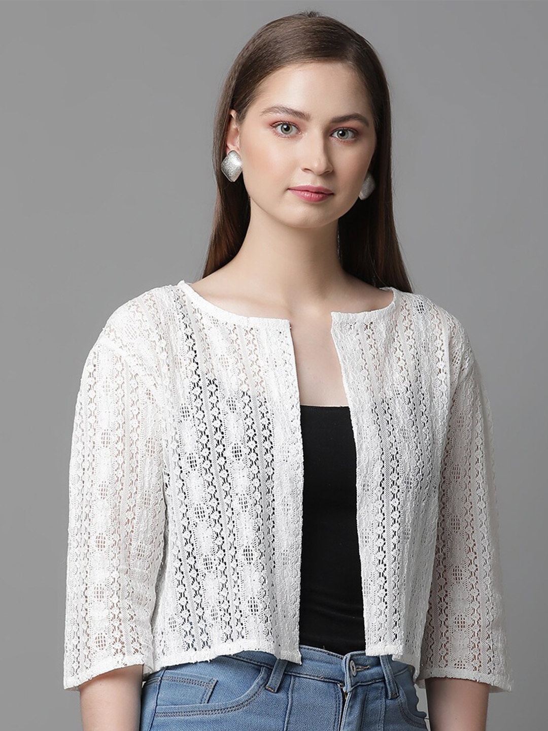 

UnaOne Self Design Open Front Pure Cotton Crop Shrug, Off white