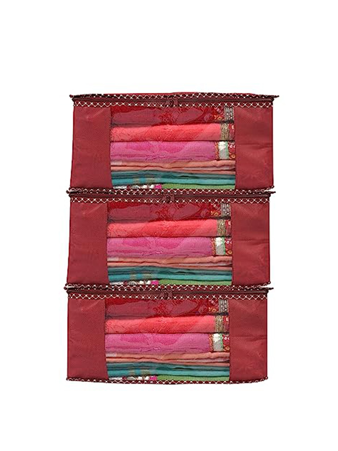 

Perpetual Red 3 Pieces Saree Organisers with Transparent Window And Zip