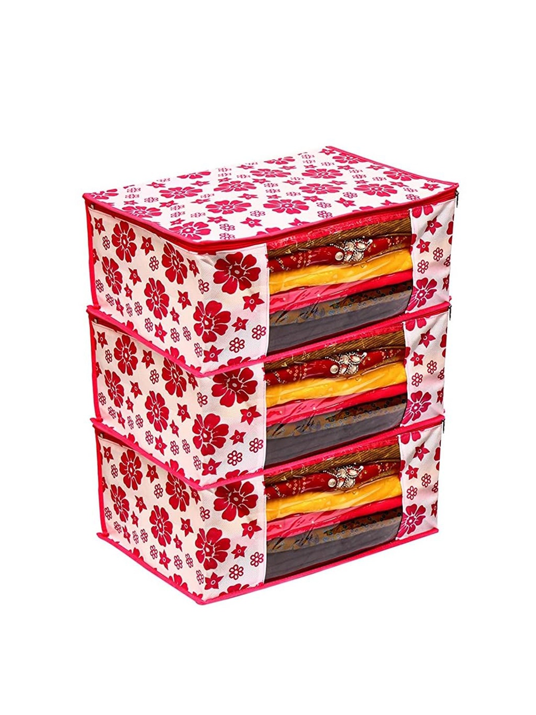 

Perpetual White & Red 3 Pieces Printed Saree Covers with Zip