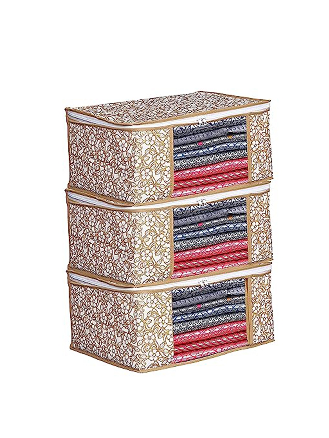 

Perpetual Beige & white 3 Pieces Saree Organisers With Transparent Window And Zip
