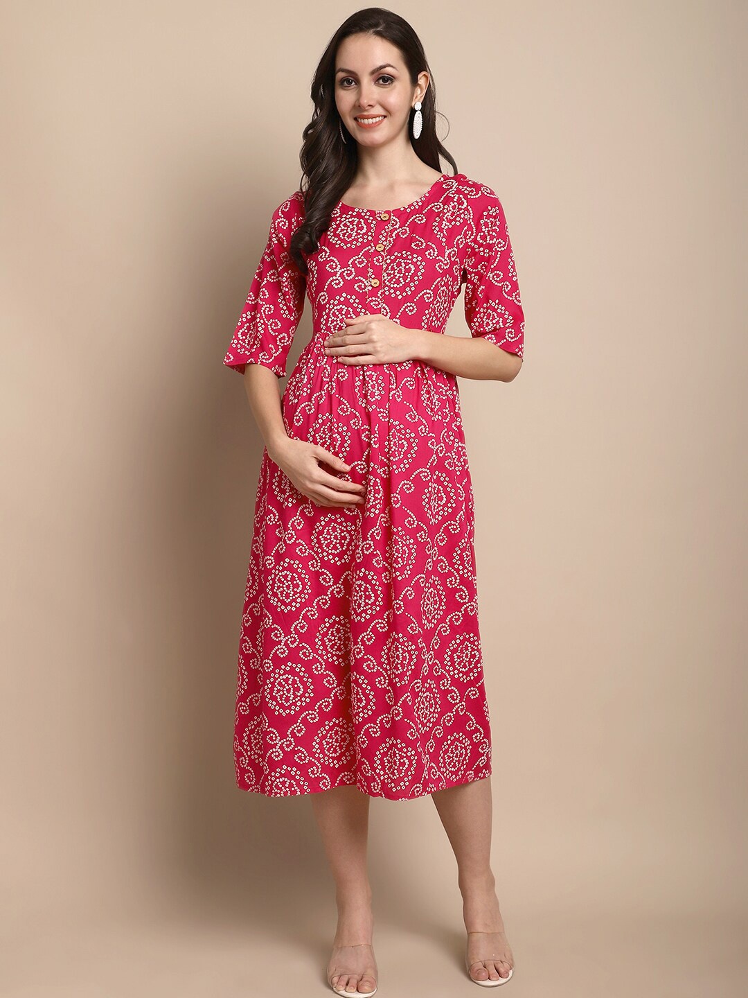 

KALINI Ethnic Motifs Printed A-Line Maternity Dress, Pink