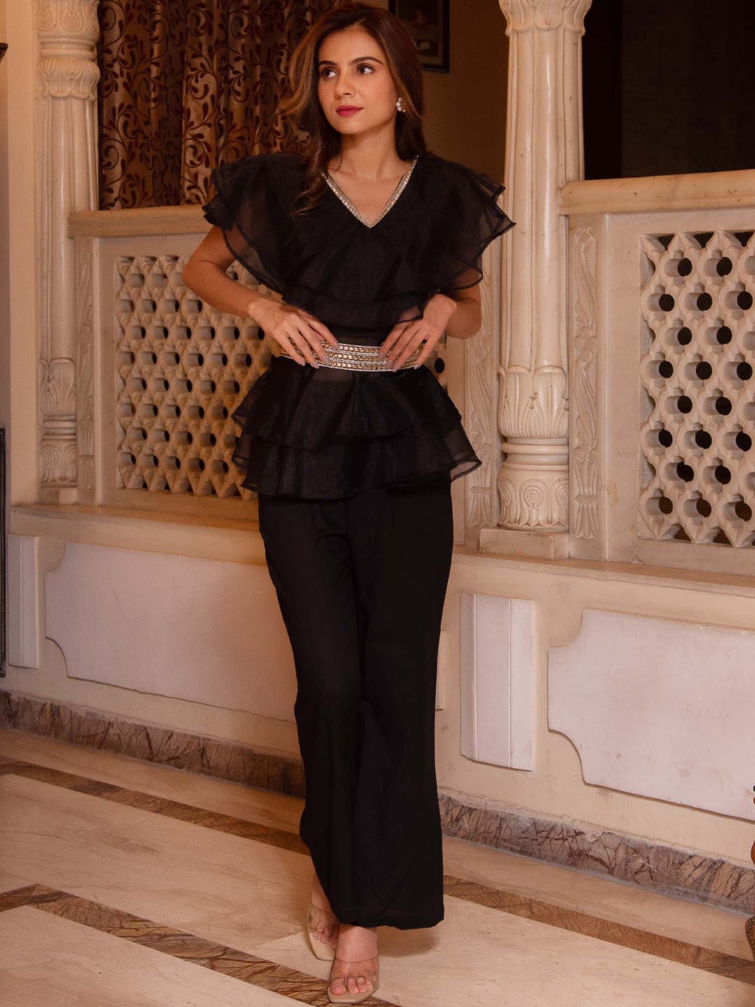 

Calmna V-Neck Ruffled Detail Layered A-Line Top With Palazzos, Black