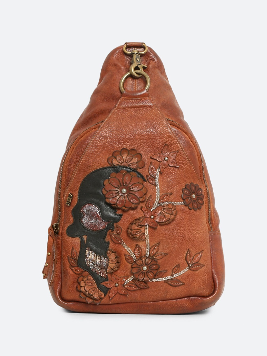 

ART N VINTAGE Women Floral Embroidered Leather Backpack, Tan