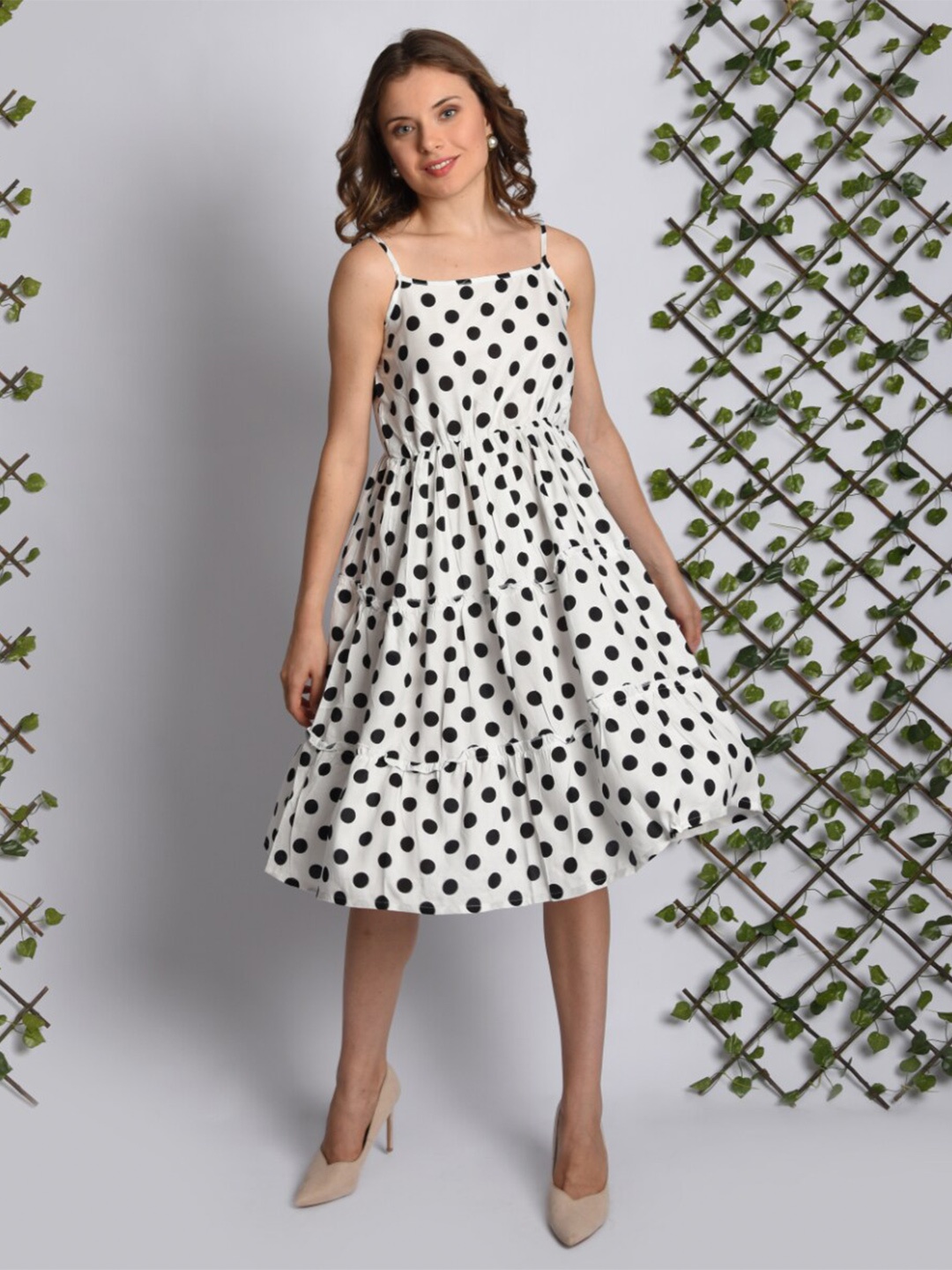 

VASANT APPAREL Polka Dot Printed Shoulder Straps Fit & Flare Dress, White