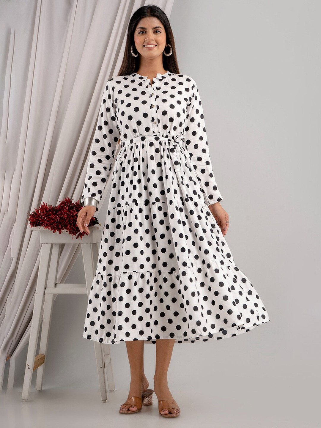 

VASANT APPAREL Polka Dot Printed Mandarin Collar Fit & Flare Midi Dress, White