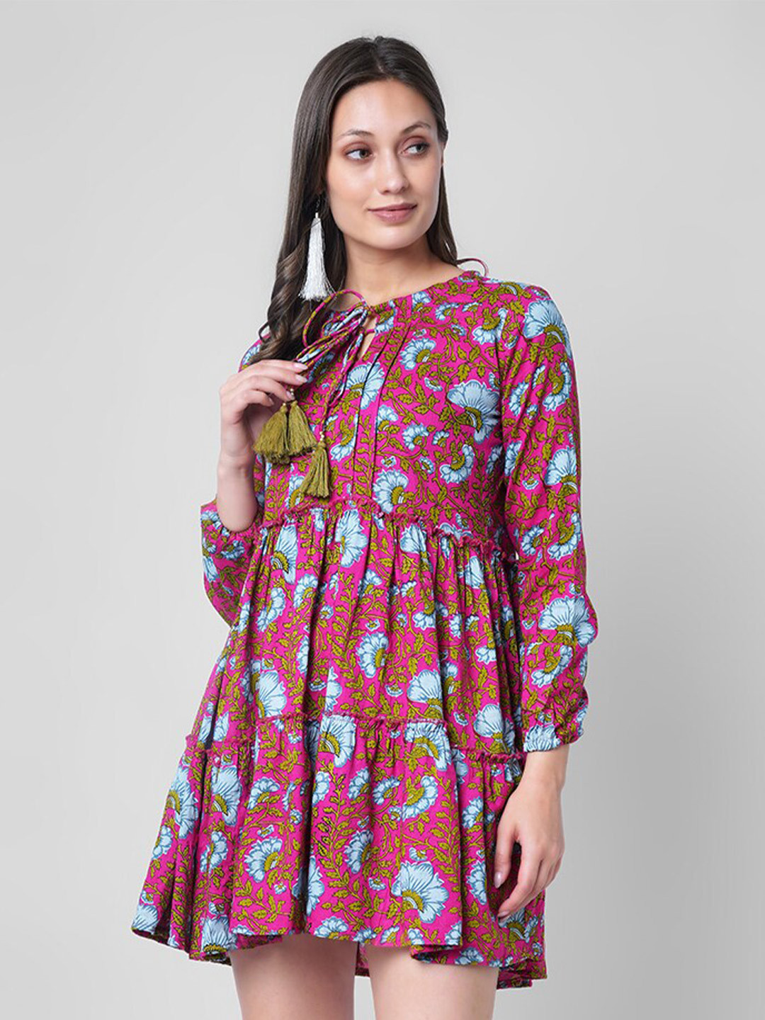 

VASANT APPAREL Floral Printed Tie-Up Neck Puff Sleeve Fit & Flare Dress, Pink