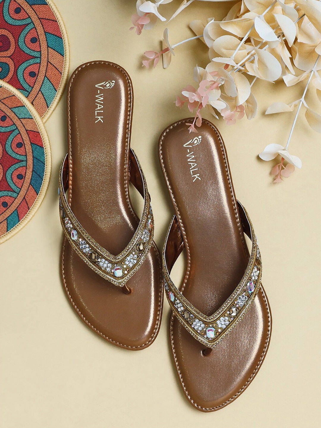 

V-WALK Embellished Open Toe Flats, Copper